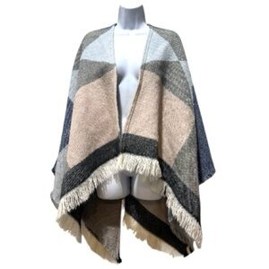 LOFT Factory Color Block Fringe Poncho Shawl Wrap One Size Cozy Fall Layering